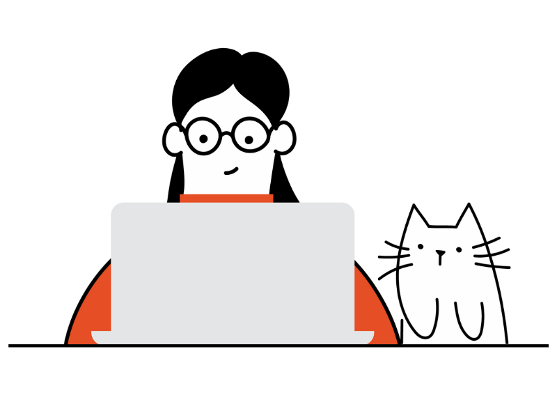 Illustration of a woman using a laptop with a cat sat beside her.