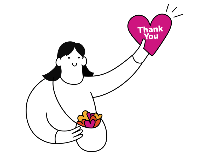 Illustration of a female character holding up a heart with the words thank you written on it