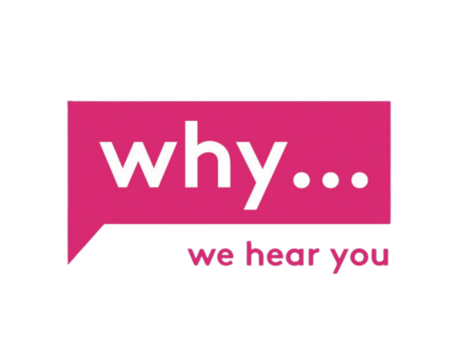 We Hear You logo: pink, squared speech bubble, with white and pink text.