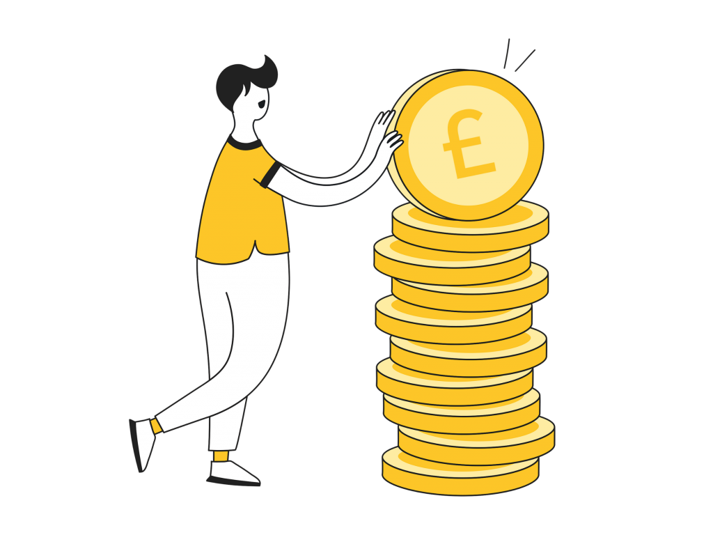 Illustration of a man stood next to a giant stack of coins