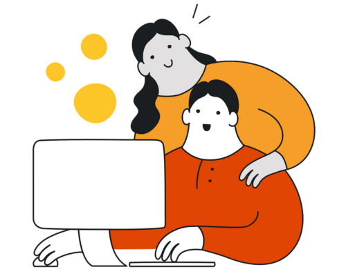 Illustration of a female character helping a male character use a laptop