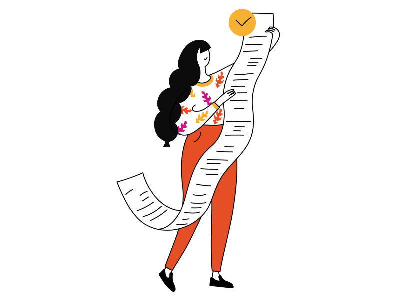 Illustration of a female character holding a long list with a tick at the top