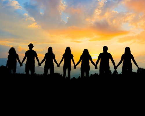 Photograph of a group of people standing in a line and holding hands, silhouetted by the sunset.