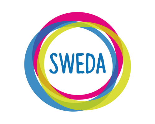 SWEDA logo - blue text within overlapping blue, green, and pink circles