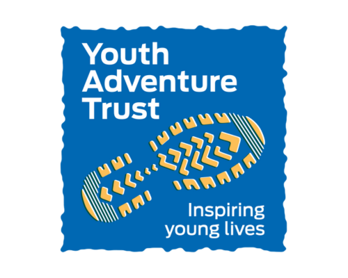 Logo: Youth Adventure Trust in white text with a yellow boot print on a blue background