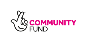 National Lottery Community Fund logo: pink and white text with black illustration of a hand with fingers crossed