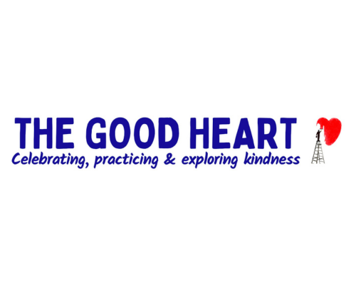 Logo: 'The Good Heart' in bold, blue, capital letters with an illustration of a black stick figure on a ladder painting a heart