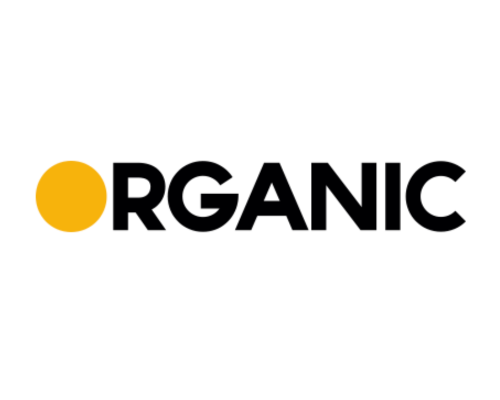 Logo for The Organic Agency: the word "organic" in bold, black, capital letters with the O a simple, orange circle.