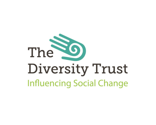 The Diversity Trust logo: dark grey and green serif style text, with a blue spiral in the shape of a hand.