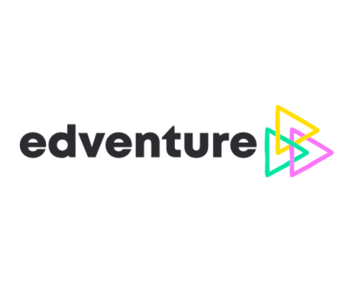 Edventure logo: lower case, bold, black lettering with interlocking yellow, pink, and mint green triangles.