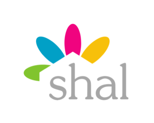 Shal logo: grey, lower case text with coloured petals behind a white, house-shaped icon.